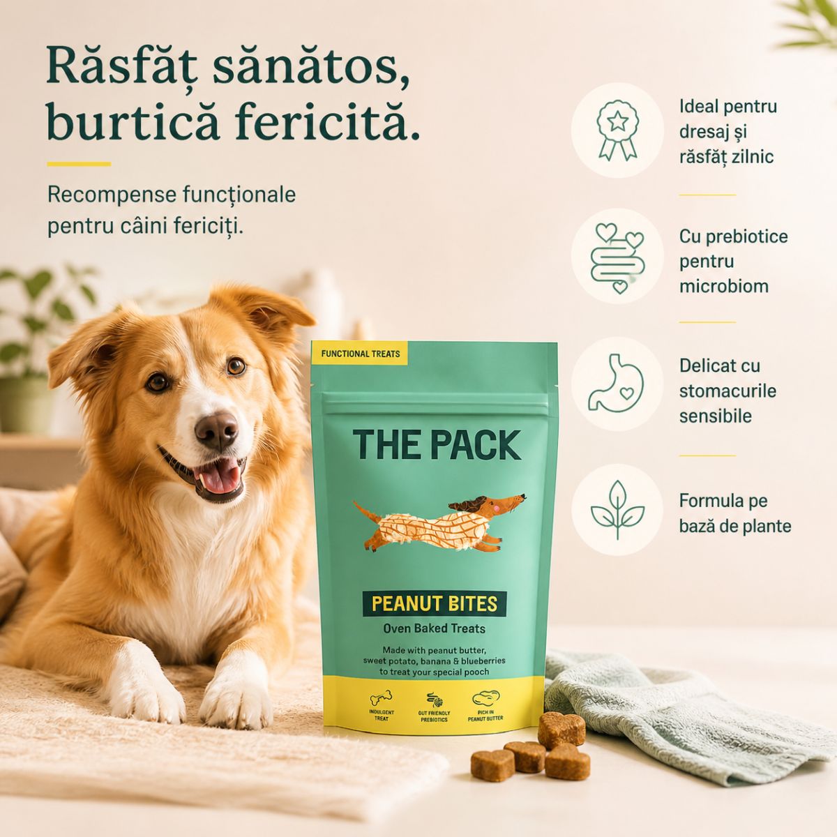 THE PACK Peanut Bites, XS-XL, Unt de Arahide, punguță recompense câini, 100g - imagine 3
